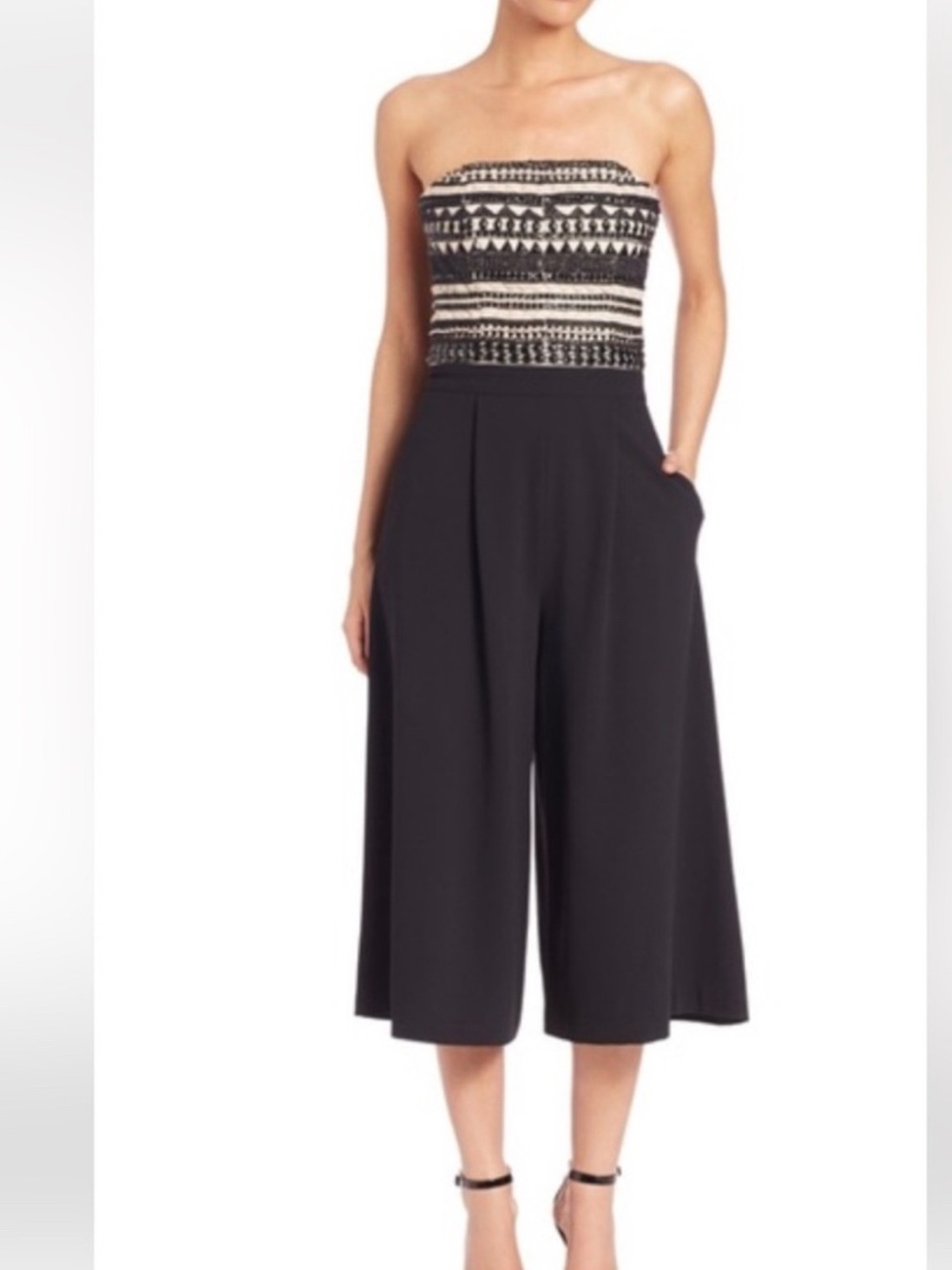Alice + Olivia Emberley strapless jumpsuit size 0 wide leg cropped beaded boho